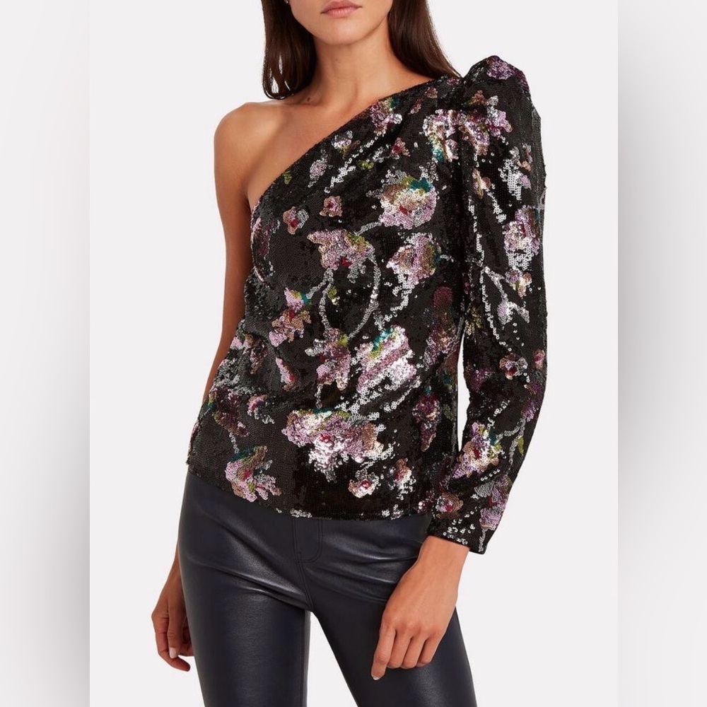 Nwt Self Portrait Sequin Top Us 2 One Shoulder Midnight Bloom Disco Velvet